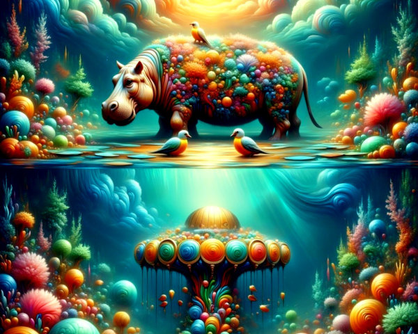 Surreal Landscape with Colorful Hippopotamus and Fountain