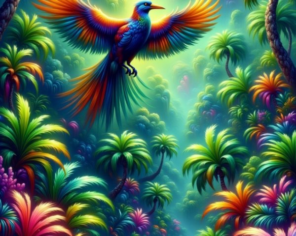 Colorful Tropical Scene with Majestic Bird and River