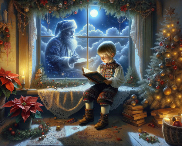 Cozy Holiday Scene with Boy Reading by Window