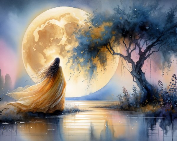 Ethereal Figure by Luminous Moon over Tranquil Lake