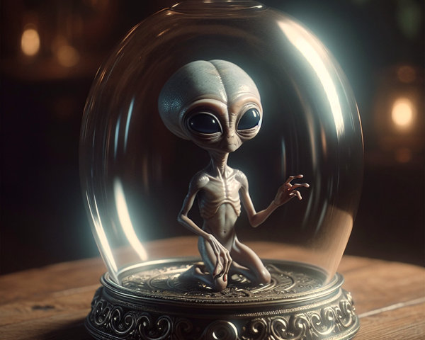 Alien Figure Under Glass Dome with Ambient Glow