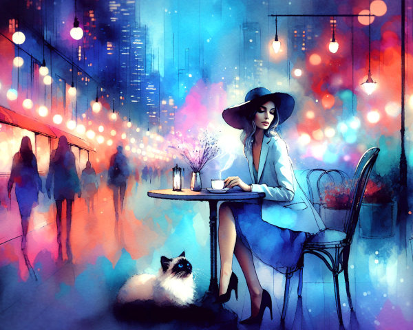 Vibrant Nighttime Street Scene with Stylish Woman and Cat