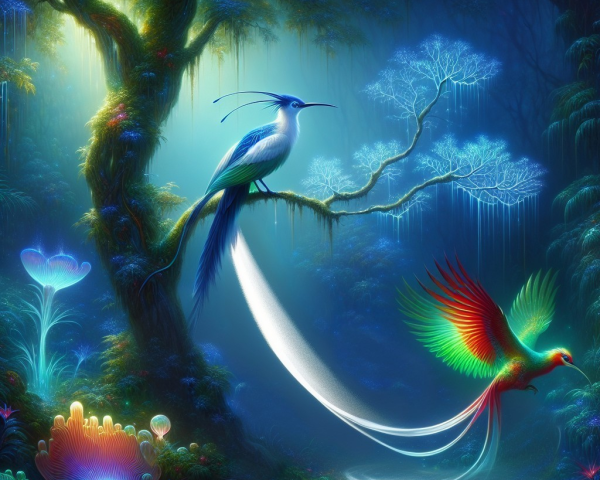 Vibrant Birds in a Mystical Bioluminescent Forest