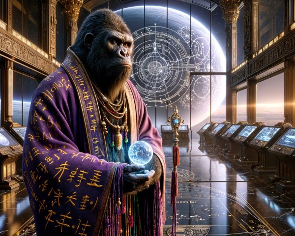 Futuristic Chamber with Wise Gorilla and Crystal Ball