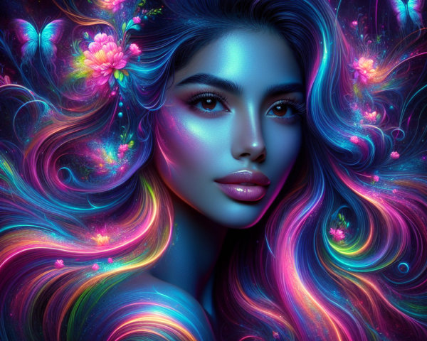 Portrait of a woman with vibrant hair and flowers