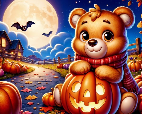 Whimsical Autumn Scene with Bear and Pumpkins