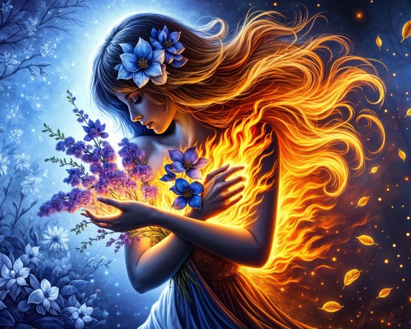 Figure Merging Fire and Nature with Floral Elements