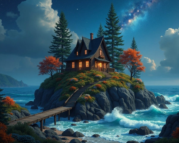 Cozy House on Rocky Island Surrounded by Autumn Trees