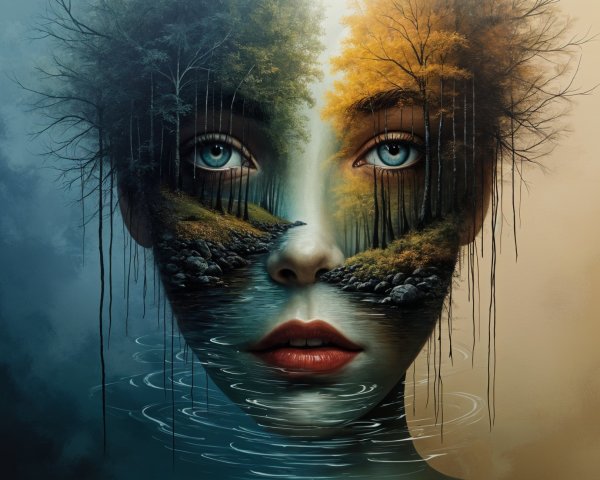 Portrait of a Woman with Nature's Dual Landscapes