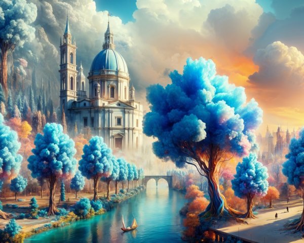 Surreal Landscape with Blue Trees and Cathedral
