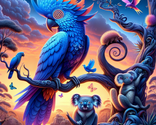 Vibrant Scene with Blue Parrot and Sunset Landscape