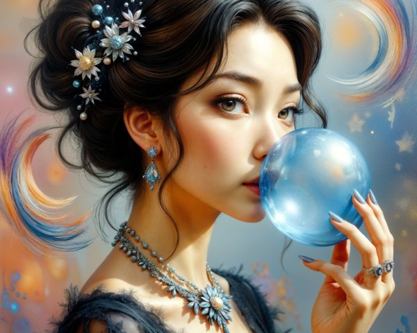 Young woman with blue orb and floral accessories