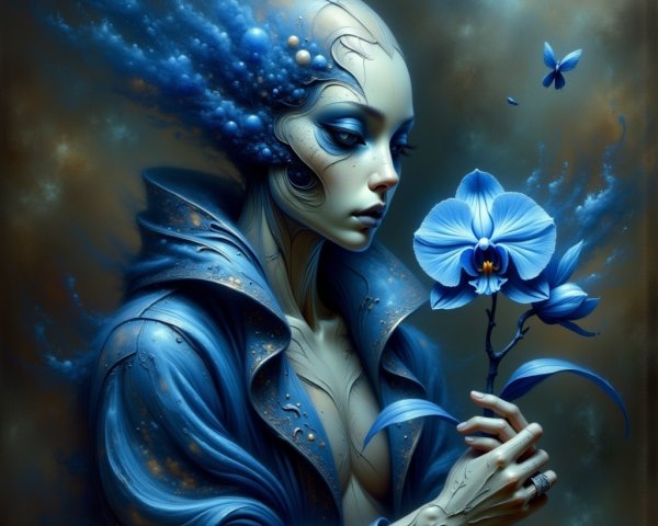 Serene figure with blue orchid in abstract background