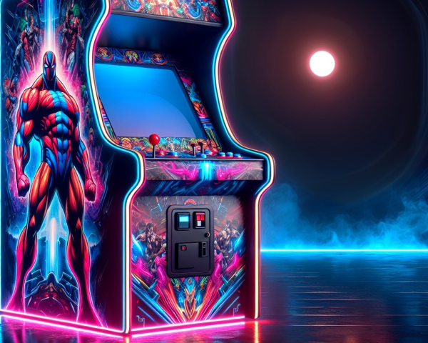 Retro Arcade Machine with Neon Lights and Mural