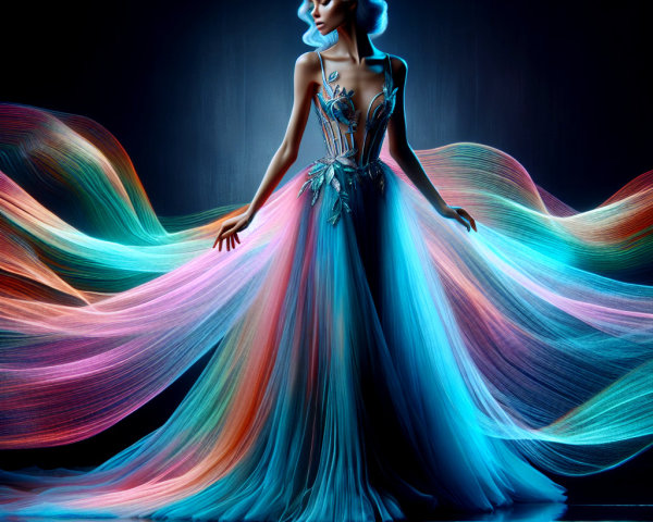Luminescent gown with vibrant swirling colors