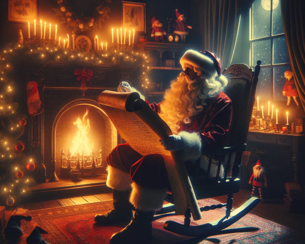 Santa Claus Reading by a Fireplace in a Festive Room