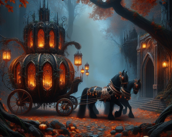 Mystical Carriage in a Foggy Forest with Autumn Leaves