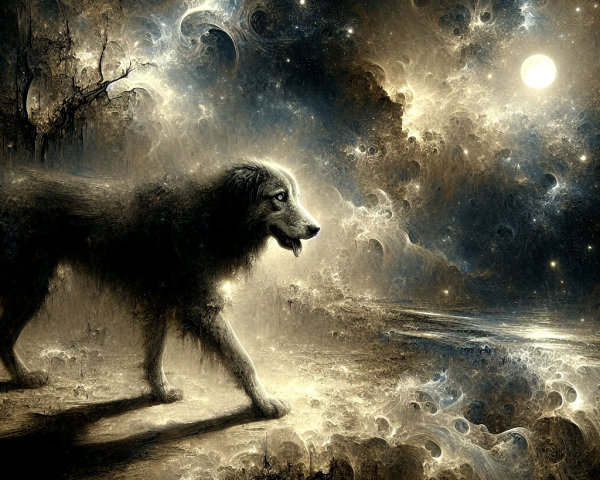 Majestic wolf in surreal cosmic landscape with moonlight