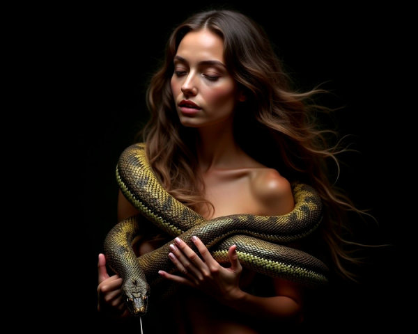 Elegant woman with snake against dark backdrop