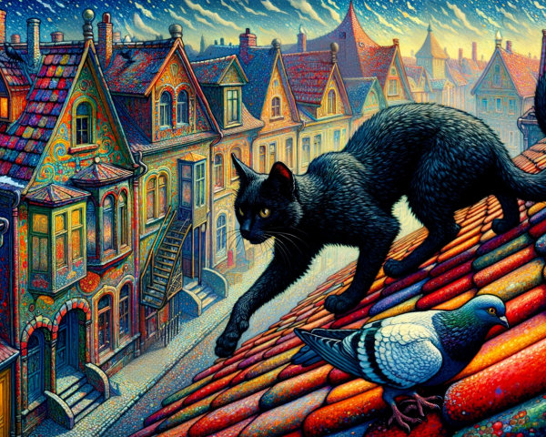 Black Cat on Colorful Village Rooftops at Twilight