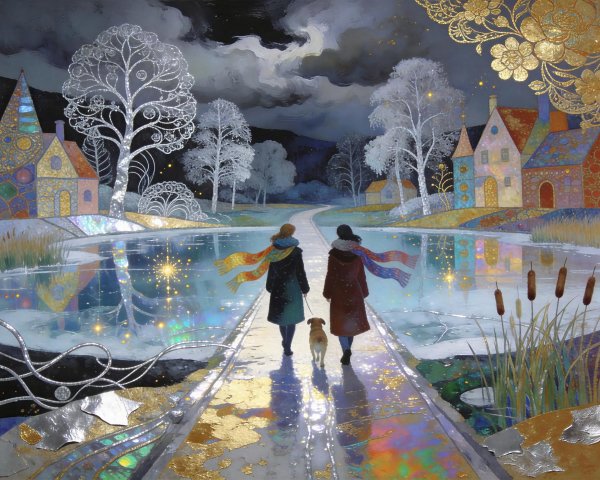 Nighttime Walk on a Reflective Path with Two Figures