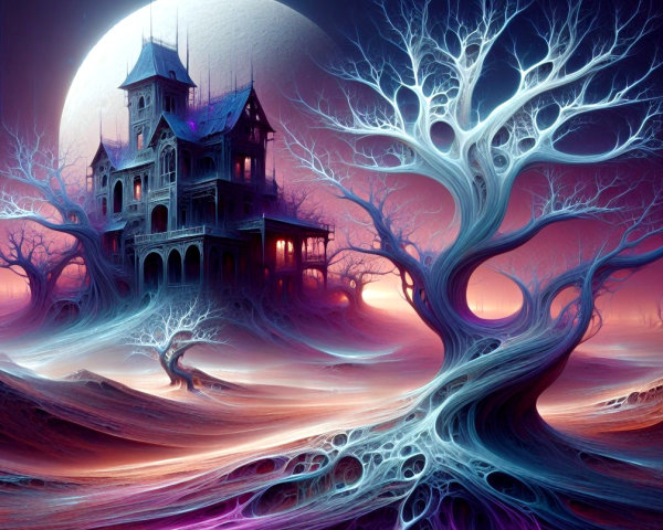 Surreal Landscape with Eerie Mansion and Moonlight