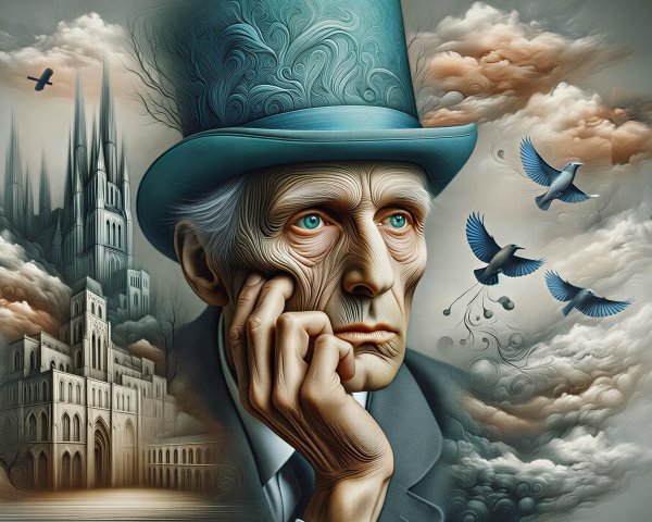 Older man in top hat with blue eyes in surreal landscape