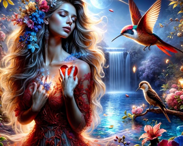 Serene Woman Holding Glowing Heart in Mystical Setting