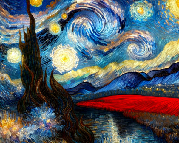 Vibrant Night Sky with Crescent Moon and Reflecting River