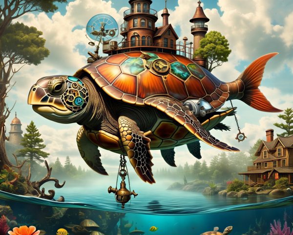 Giant turtle with steampunk castle in vibrant waters