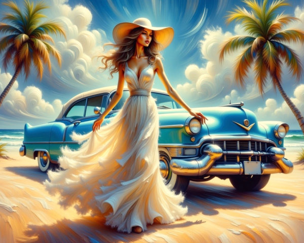 Stylish Woman in White Dress on Tropical Beach