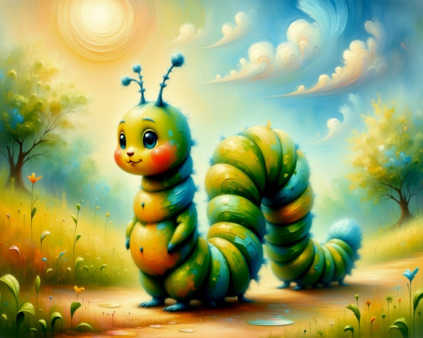 Whimsical Landscape with Colorful Caterpillar Character