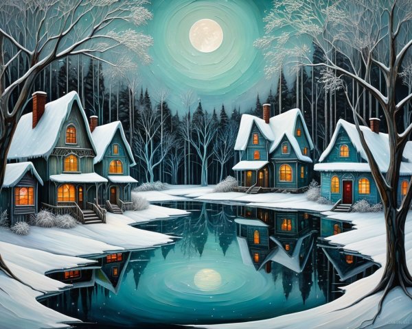 Winter Town Scene by a River at Night with Snow