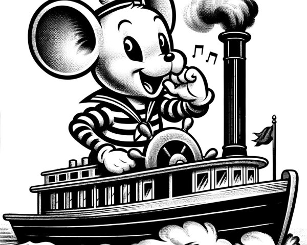 Cheerful Cartoon Mouse on Steamboat in Playful Scene