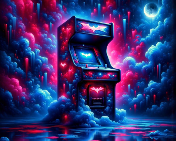 Neon Arcade Machine in Surreal Colorful Landscape