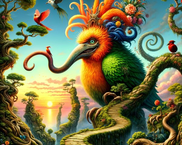 Colorful Bird and Whimsical Trees at Sunset