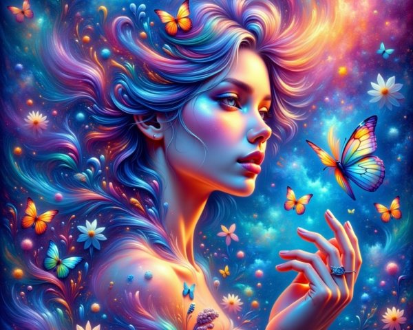 Cosmic Scene with Woman and Colorful Butterflies