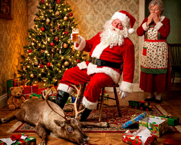 Santa Claus and Mrs. Claus in a festive indoor scene