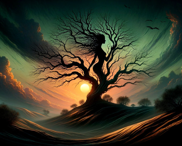 Surreal Landscape with Intertwined Tree and Sunset