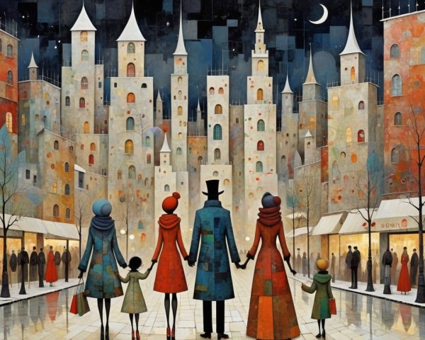 Surrealist Nighttime Cityscape with Family of Four