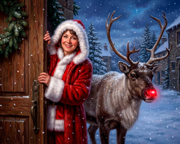 Digital Painting of Woman in Santa Coat in Snowy Village