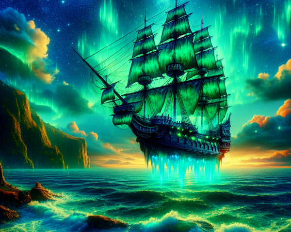 Illuminated Ship in Vibrant Waters Under Auroras