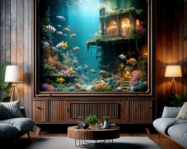 Cozy Rustic Living Room with Vibrant Aquarium