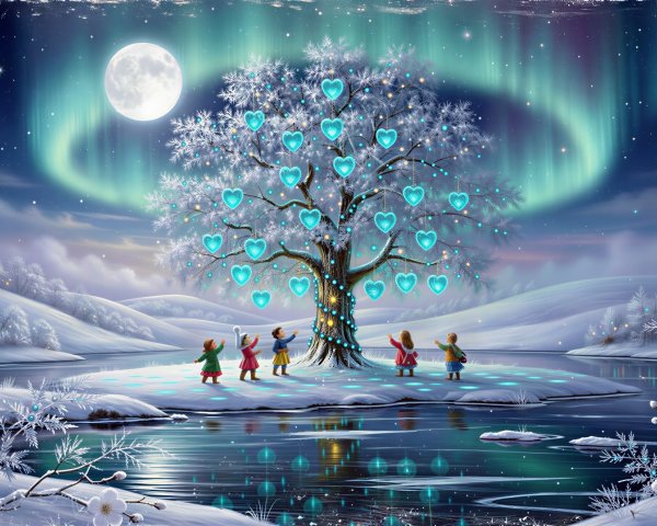 Magical Winter Night Scene with Lanterns and Aurora