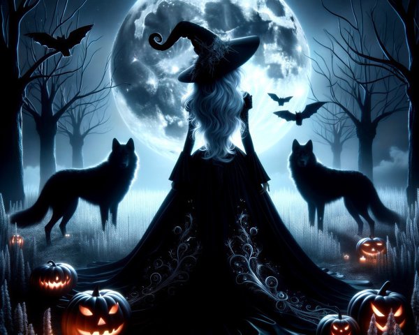 Mystical witch in moonlit forest with glowing pumpkins