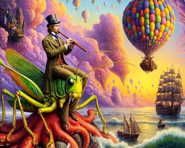 Man in Top Hat Playing Flute on Giant Grasshopper