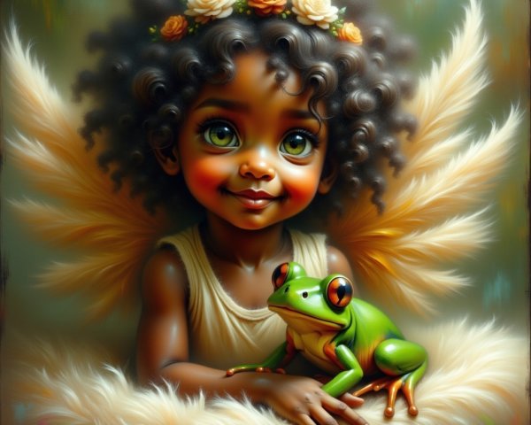 Young girl with curly hair and angelic wings among feathers