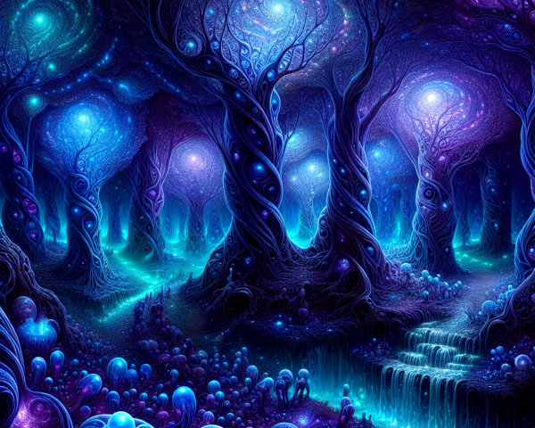 Surreal Landscape with Luminescent Trees and Creatures