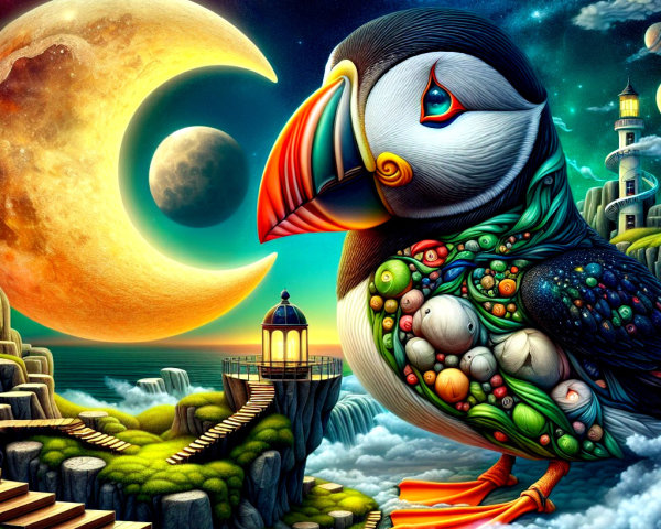 Surreal Landscape with Stylized Puffin and Moon