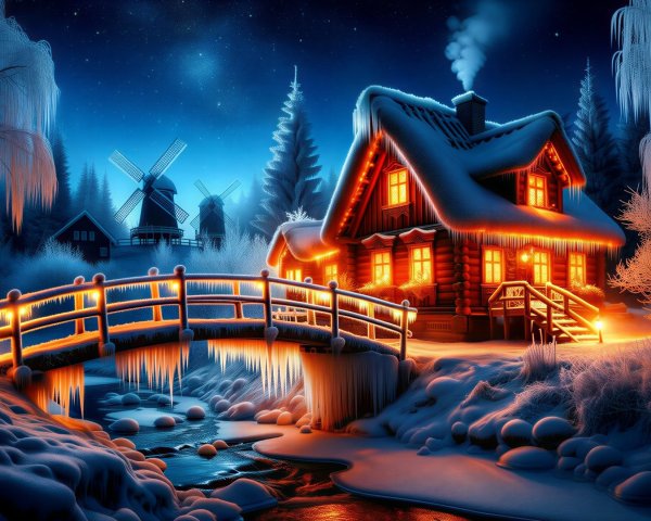 Cozy log cabin in snowy landscape with twilight glow